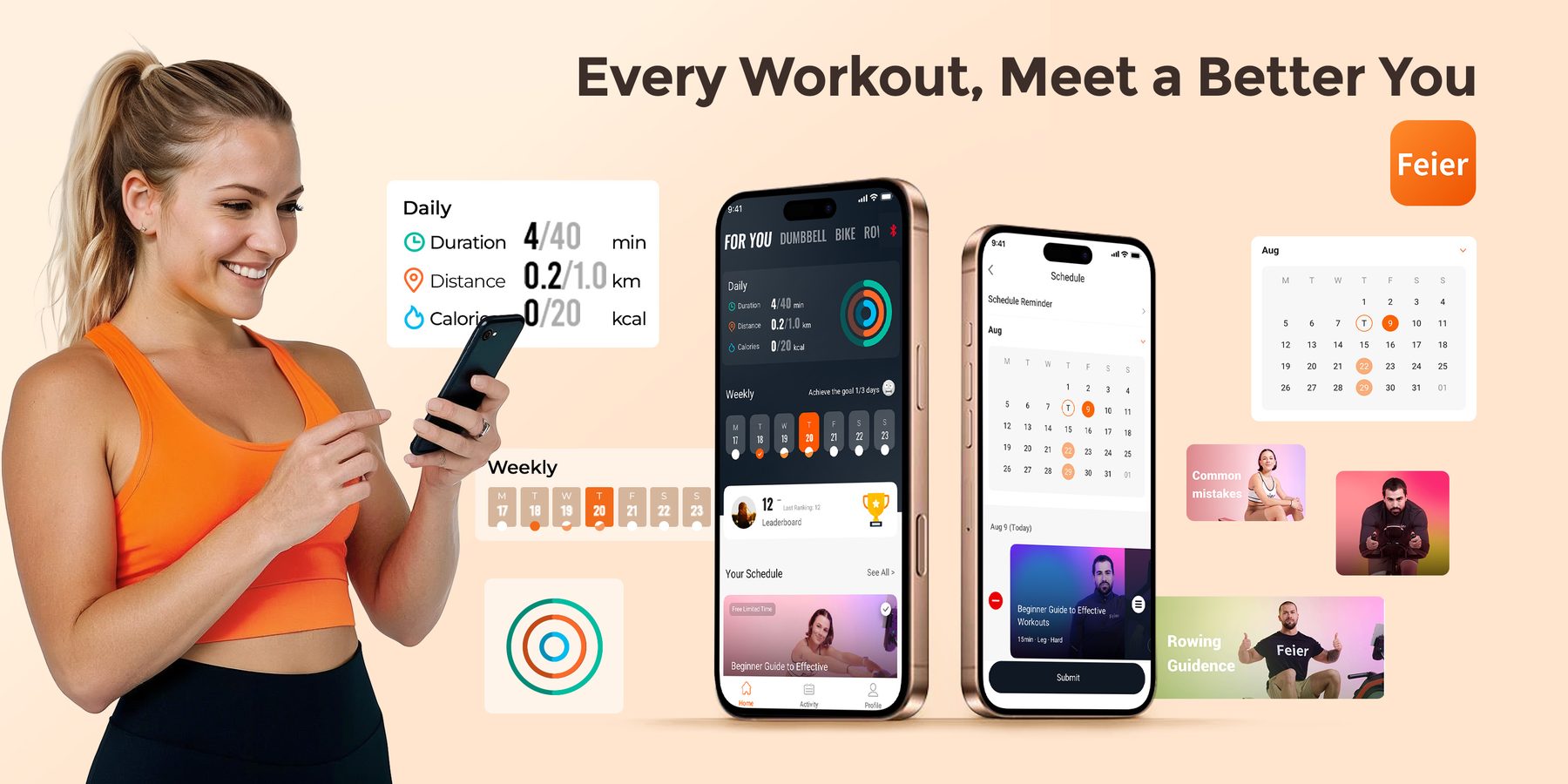 YOSUDA fitness app on phone and tablet with workout stats